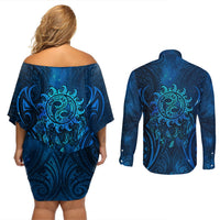 New Zealand Dream Catcher Couples Matching Off Shoulder Short Dress and Long Sleeve Button Shirt Maori Koru Pattern Blue Version