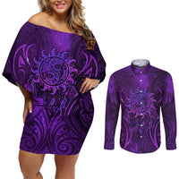 New Zealand Dream Catcher Couples Matching Off Shoulder Short Dress and Long Sleeve Button Shirt Maori Koru Pattern Purple Version LT05 Purple - Polynesian Pride