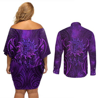 New Zealand Dream Catcher Couples Matching Off Shoulder Short Dress and Long Sleeve Button Shirt Maori Koru Pattern Purple Version LT05 - Polynesian Pride
