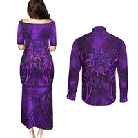 New Zealand Dream Catcher Couples Matching Puletasi and Long Sleeve Button Shirt Maori Koru Pattern Purple Version LT05 - Polynesian Pride