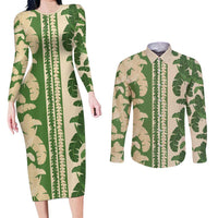 Hawaii Pua Kenikeni Lei Couples Matching Long Sleeve Bodycon Dress and Long Sleeve Button Shirt With Lau Maia Green