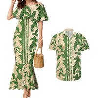 Hawaii Pua Kenikeni Lei Couples Matching Mermaid Dress and Hawaiian Shirt With Lau Maia Green