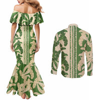Hawaii Pua Kenikeni Lei Couples Matching Mermaid Dress and Long Sleeve Button Shirt With Lau Maia Green