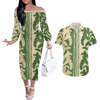 Hawaii Pua Kenikeni Lei Couples Matching Off The Shoulder Long Sleeve Dress and Hawaiian Shirt With Lau Maia Green