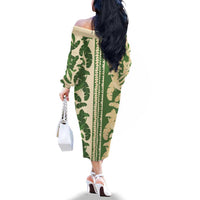 Hawaii Pua Kenikeni Lei Family Matching Off The Shoulder Long Sleeve Dress and Hawaiian Shirt With Lau Maia Green