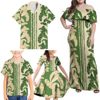 Hawaii Pua Kenikeni Lei Family Matching Off Shoulder Maxi Dress and Hawaiian Shirt With Lau Maia Green