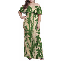 Hawaii Pua Kenikeni Lei Family Matching Off Shoulder Maxi Dress and Hawaiian Shirt With Lau Maia Green