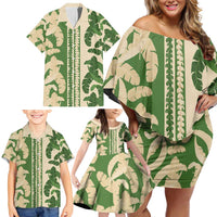 Hawaii Pua Kenikeni Lei Family Matching Off Shoulder Short Dress and Hawaiian Shirt With Lau Maia Green