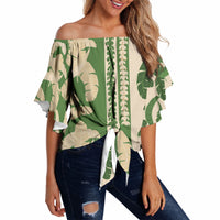 Hawaii Pua Kenikeni Lei Off Shoulder Wrap Waist Top With Lau Maia Green LT05 - Polynesian Pride