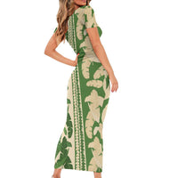 Hawaii Pua Kenikeni Lei Short Sleeve Bodycon Dress With Lau Maia Green LT05 - Polynesian Pride