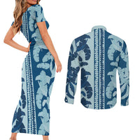Hawaii Pua Kenikeni Lei Couples Matching Short Sleeve Bodycon Dress and Long Sleeve Button Shirt With Lau Maia Royal Blue