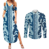 Hawaii Pua Kenikeni Lei Couples Matching Summer Maxi Dress and Long Sleeve Button Shirt With Lau Maia Royal Blue