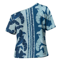 Hawaii Pua Kenikeni Lei Cross Shoulder Shirt With Lau Maia Royal Blue LT05 - Polynesian Pride
