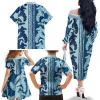 Hawaii Pua Kenikeni Lei Family Matching Off The Shoulder Long Sleeve Dress and Hawaiian Shirt With Lau Maia Royal Blue
