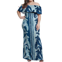 Hawaii Pua Kenikeni Lei Off Shoulder Maxi Dress With Lau Maia Royal Blue LT05 Women Blue - Polynesian Pride