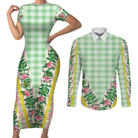 Hawaii Pikake Lokelani Plumeria Lei Couples Matching Short Sleeve Bodycon Dress and Long Sleeve Button Shirt Green Palaka Motifs