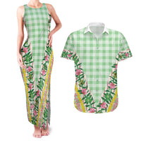 Hawaii Pikake Lokelani Plumeria Lei Couples Matching Tank Maxi Dress and Hawaiian Shirt Green Palaka Motifs