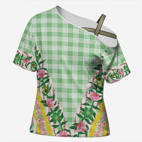 Hawaii Pikake Lokelani Plumeria Lei Cross Shoulder Shirt Green Palaka Motifs LT05 Female Green - Polynesian Pride