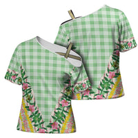 Hawaii Pikake Lokelani Plumeria Lei Cross Shoulder Shirt Green Palaka Motifs LT05 - Polynesian Pride