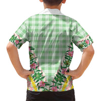 Hawaii Pikake Lokelani Plumeria Lei Family Matching Off Shoulder Short Dress and Hawaiian Shirt Green Palaka Motifs
