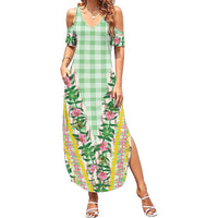 Hawaii Pikake Lokelani Plumeria Lei Family Matching Summer Maxi Dress and Hawaiian Shirt Green Palaka Motifs