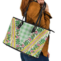 Hawaii Pikake Lokelani Plumeria Lei Leather Tote Bag Green Palaka Motifs LT05 - Polynesian Pride