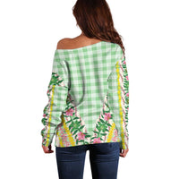 Hawaii Pikake Lokelani Plumeria Lei Off Shoulder Sweater Green Palaka Motifs LT05 - Polynesian Pride