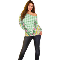 Hawaii Pikake Lokelani Plumeria Lei Off Shoulder Sweater Green Palaka Motifs LT05 - Polynesian Pride