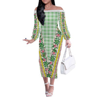 Hawaii Pikake Lokelani Plumeria Lei Off The Shoulder Long Sleeve Dress Green Palaka Motifs
