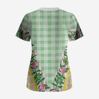 Hawaii Pikake Lokelani Plumeria Lei Scrub Top Green Palaka Motifs LT05 - Polynesian Pride