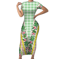 Hawaii Pikake Lokelani Plumeria Lei Short Sleeve Bodycon Dress Green Palaka Motifs