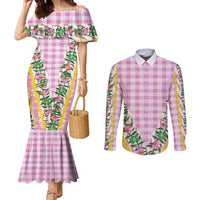 Hawaii Pikake Lokelani Plumeria Lei Couples Matching Mermaid Dress and Long Sleeve Button Shirt Pink Palaka Motifs