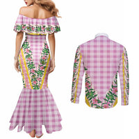 Hawaii Pikake Lokelani Plumeria Lei Couples Matching Mermaid Dress and Long Sleeve Button Shirt Pink Palaka Motifs