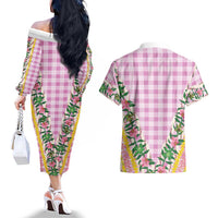 Hawaii Pikake Lokelani Plumeria Lei Couples Matching Off The Shoulder Long Sleeve Dress and Hawaiian Shirt Pink Palaka Motifs