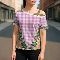 Hawaii Pikake Lokelani Plumeria Lei Cross Shoulder Shirt Pink Palaka Motifs LT05 - Polynesian Pride