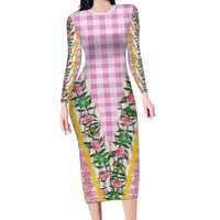 Hawaii Pikake Lokelani Plumeria Lei Family Matching Long Sleeve Bodycon Dress and Hawaiian Shirt Pink Palaka Motifs