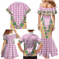 Hawaii Pikake Lokelani Plumeria Lei Family Matching Mermaid Dress and Hawaiian Shirt Pink Palaka Motifs
