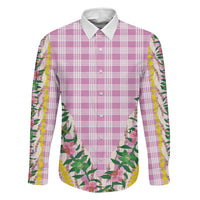 Hawaii Pikake Lokelani Plumeria Lei Family Matching Off The Shoulder Long Sleeve Dress and Hawaiian Shirt Pink Palaka Motifs