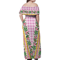 Hawaii Pikake Lokelani Plumeria Lei Family Matching Off Shoulder Maxi Dress and Hawaiian Shirt Pink Palaka Motifs