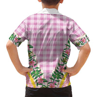 Hawaii Pikake Lokelani Plumeria Lei Family Matching Off Shoulder Short Dress and Hawaiian Shirt Pink Palaka Motifs