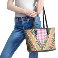 Hawaii Pikake Lokelani Plumeria Lei Leather Tote Bag Pink Palaka Motifs LT05 - Polynesian Pride