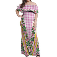 Hawaii Pikake Lokelani Plumeria Lei Off Shoulder Maxi Dress Pink Palaka Motifs LT05 Women Pink - Polynesian Pride