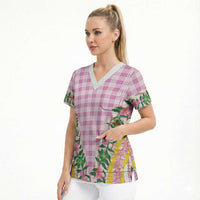 Hawaii Pikake Lokelani Plumeria Lei Scrub Top Pink Palaka Motifs LT05 - Polynesian Pride