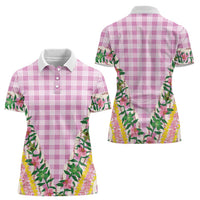 Hawaii Pikake Lokelani Plumeria Lei Women Polo Shirt Pink Palaka Motifs