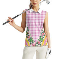 Hawaii Pikake Lokelani Plumeria Lei Women Sleeveless Polo Shirt Pink Palaka Motifs