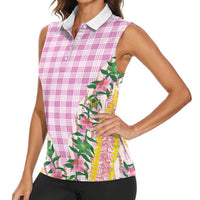 Hawaii Pikake Lokelani Plumeria Lei Women Sleeveless Polo Shirt Pink Palaka Motifs