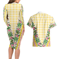 Hawaii Pikake Lokelani Plumeria Lei Couples Matching Long Sleeve Bodycon Dress and Hawaiian Shirt Yellow Palaka Motifs