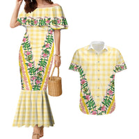 Hawaii Pikake Lokelani Plumeria Lei Couples Matching Mermaid Dress and Hawaiian Shirt Yellow Palaka Motifs