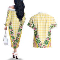 Hawaii Pikake Lokelani Plumeria Lei Couples Matching Off The Shoulder Long Sleeve Dress and Hawaiian Shirt Yellow Palaka Motifs