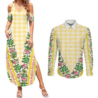 Hawaii Pikake Lokelani Plumeria Lei Couples Matching Summer Maxi Dress and Long Sleeve Button Shirt Yellow Palaka Motifs